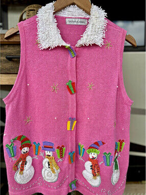 Vintage Victoria Jones Women’s M Knit Collared  Sweater Vest Pink Snowman